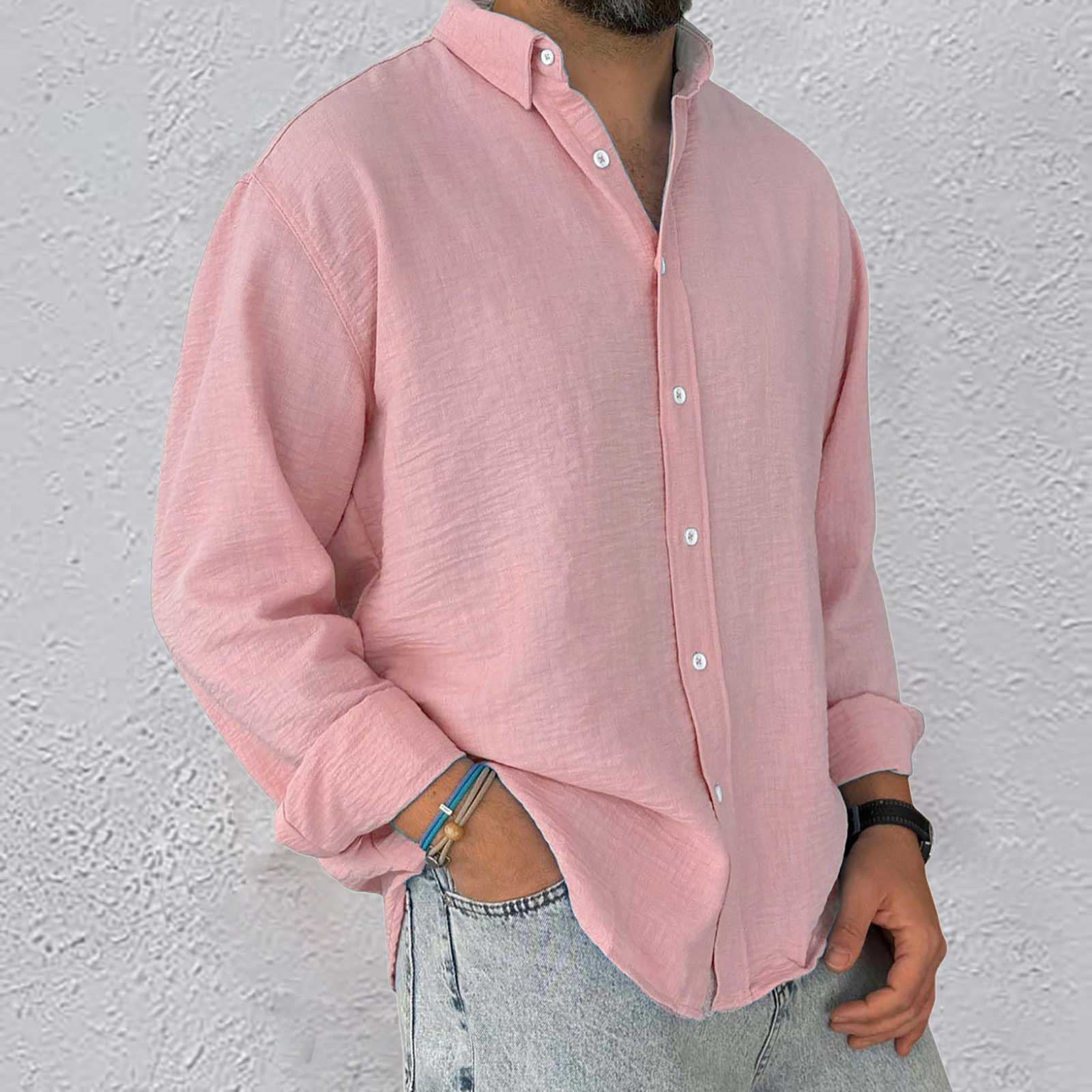 thumbnail image 2 of Camisa lavada de manga larga con botones para hombre: color liso, poliéster, cómoda y holgada para todas las ocasiones, 2 of 6